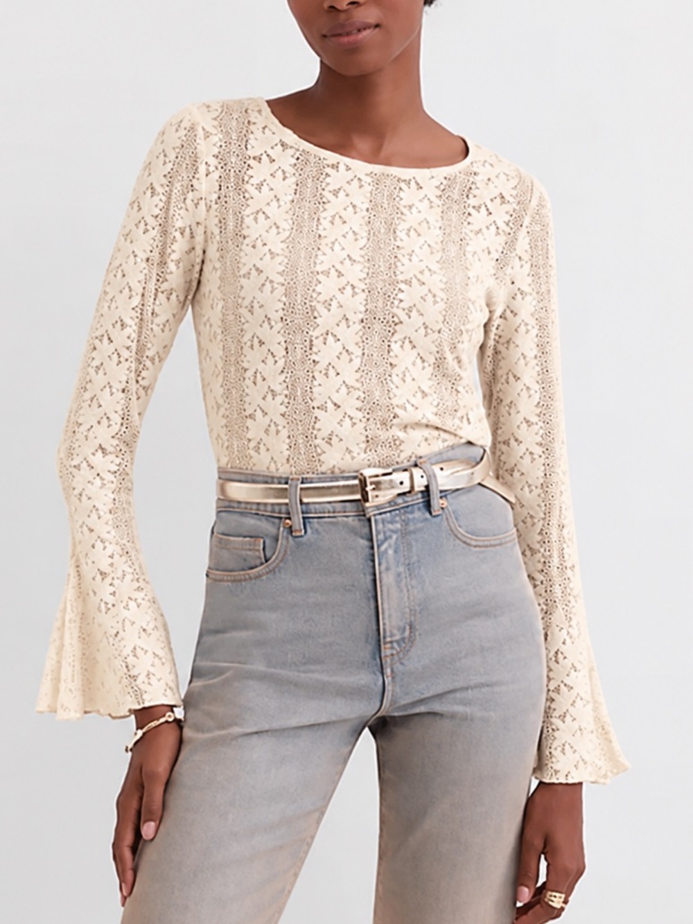 LOFT Women’s Cream Lace Flowy Blouse Bell Sleeve Sleeve Top